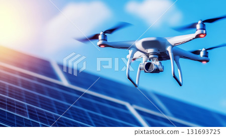 A drone hovers above solar panels against a blue sky. Concept of renewable energy and technology. 131693725