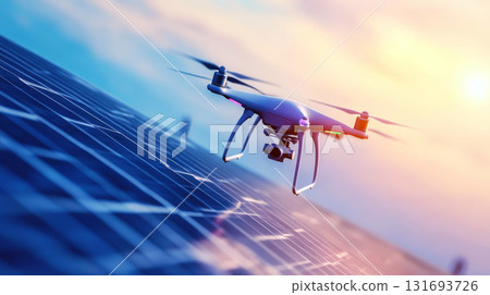 A drone flies over solar panels at sunset, capturing footage. Concept of renewable energy and technology. A drone flies over solar panels at sunset, capturing footage. Concept of renewable energy and technology. 131693726