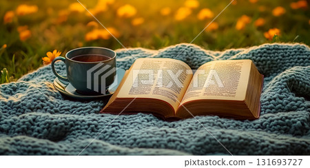 Open book on a cozy knitted blanket beside a steaming cup in a garden with yellow flowers. Concept of relaxation and leisure in a natural setting. Open book on a cozy knitted blanket beside a steaming cup in a garden with yellow flowers. Concept of relaxation and leisure in a natural setting. 131693727
