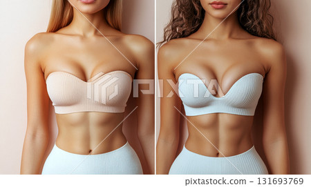 Side-by-side image of two women in strapless tops, focusing on torsos against a neutral background. Concept of fashion and beauty. For lingerie catalog. 131693769