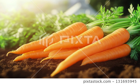 Fresh carrots are laid on soil with green leaves in a sunlit garden. Concept of organic farming and healthy eating. For agriculture products and gardening tips. 131693945