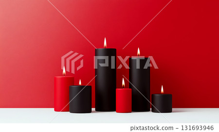 Red and black candles of varying heights are lit and arranged on a white surface against a red background. Concept of ambiance and elegance. For home decor photo. 131693946