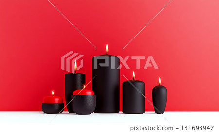 Black and red candles are arranged in a row against a vibrant red background, all lit with small flames. Concept of elegance and minimalism. For decor ideas. 131693947