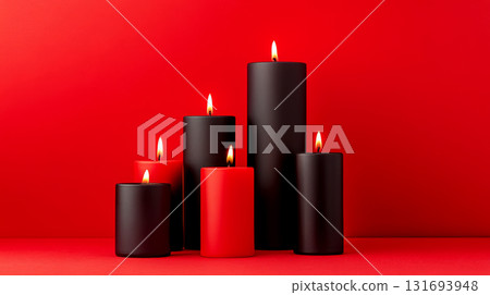 Five candles, three black and two red, burn against a vibrant red background. Concept of warmth, elegance, and contrast. For home decor inspiration 131693948