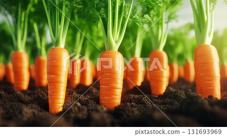 Carrots with green tops grow in rich soil under sunlight. Concept of farming and agriculture. For agricultural promotions and healthy food discussions. 131693969