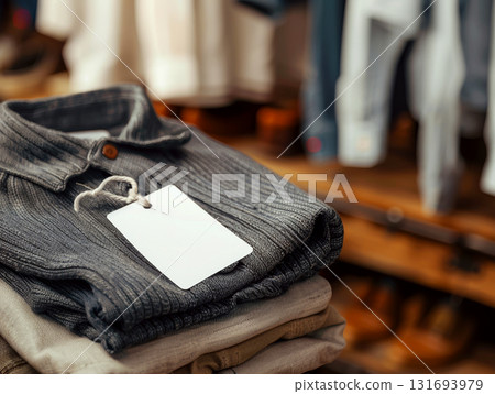 Folded ribbed shirt with blank white tag on top, lying on stacked pants in a store. Concept of fashion retail and clothing display. For apparel promotion 131693979