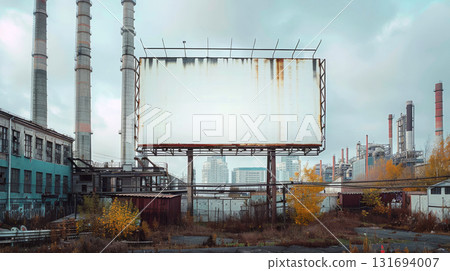 An empty billboard stands in an industrial area with power plant chimneys around it. Concept of urban decay and industrialization. For depicting urban landscapes and advertising. 131694007