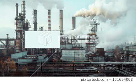 Industrial complex with smoke stacks and a large blank billboard. Concept of industry, pollution, advertising. For promoting environmental awareness. 131694008