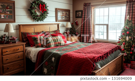 Cozy bedroom with a festively decorated bed, Christmas wreath, and small tree by the window. Concept of holiday home warmth and decoration. For holiday interior inspiration Cozy bedroom with a festively decorated bed, Christmas wreath, and small tree by the window. Concept of holiday home warmth and decoration. For holiday interior inspiration 131694009