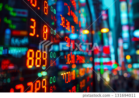 Red and green digital numbers display financial data on a city screen. Concept of finance, economy, city life. For finance-related presentations Red and green digital numbers display financial data on a city screen. Concept of finance, economy, city life. For finance-related presentations 131694011
