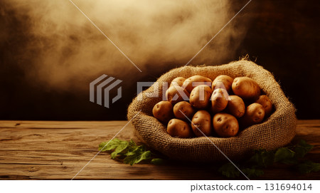 Potatoes are piled in a burlap sack on a wooden table with misty background. Concept of rustic agriculture and harvest. For advertising healthy food. 131694014