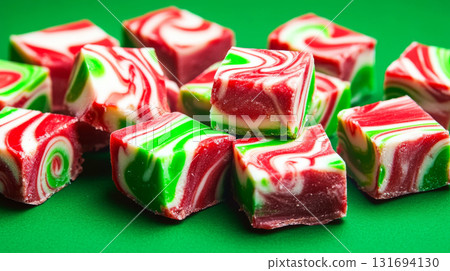 Colorful, swirl-patterned candies in red, green, and white are placed on a vibrant green background. Concept of festive treats. For holiday dessert promotion. Colorful, swirl-patterned candies in red, green, and white are placed on a vibrant green background. Concept of festive treats. For holiday dessert promotion. 131694130