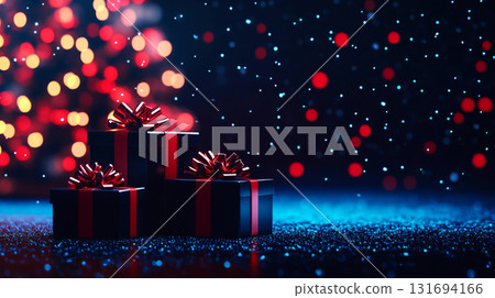 Gifts wrapped in black paper with red bows are placed on a glittery surface with colorful bokeh lights in the background. Concept of festive celebration. For holiday greeting cards or event 131694166