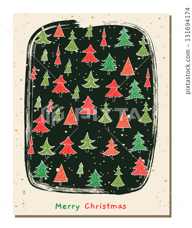 Cute vector Christmas cards set with Christmas trees in red and green and a funny Santa Claus hiding, elegant holiday design, background, flyers and template Cute vector Christmas cards set with Christmas trees in red and green and a funny Santa Claus hiding, elegant holiday design, background, flyers and template 131694174