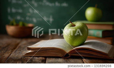 book resting front of a chalkboard book resting front of a chalkboard 131694208
