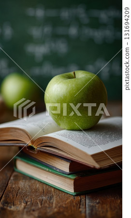 book resting front of a chalkboard 131694209