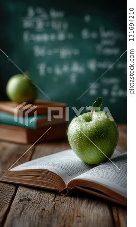 book resting front of a chalkboard book resting front of a chalkboard 131694210