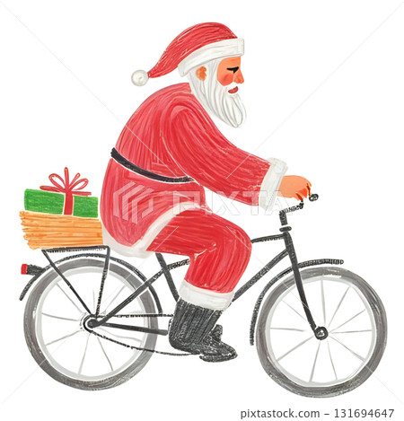 Santa Claus riding a bicycle delivering presents 131694647