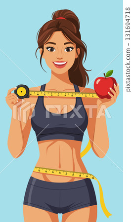 Fit Woman Measure Waistline Hold Red Apple Fit Woman Measure Waistline Hold Red Apple 131694718