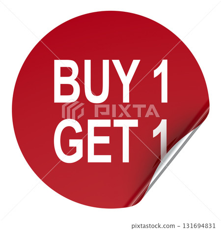 Buy 1 get 1, sticker with curled corner. Special offer promotion. 3D rendering Buy 1 get 1, sticker with curled corner. Special offer promotion. 3D rendering 131694831