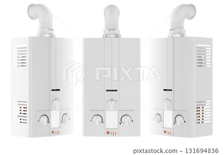 Gas water heater with flexible exhaust pipe, different angles views. 3D rendering 131694836