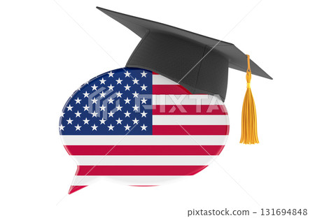 Speech bubble with American flag and academic graduation cap. 3D rendering 131694848