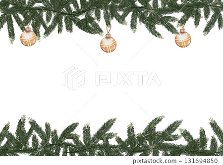 New Year card template with green fir branches and round golden Christmas tree balls. Watercolor botanical illustration on white background, with space for text New Year card template with green fir branches and round golden Christmas tree balls. Watercolor botanical illustration on white background, with space for text 131694850