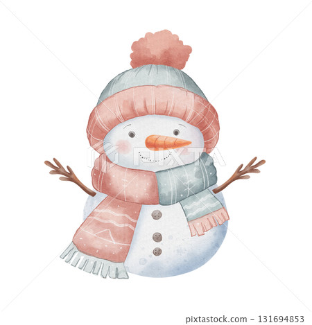 Cute, cheerful snowman wearing hat and scarf. Watercolor illustration, children style. Character for illustrating winter holidays, Christmas, New Year Cute, cheerful snowman wearing hat and scarf. Watercolor illustration, children style. Character for illustrating winter holidays, Christmas, New Year 131694853