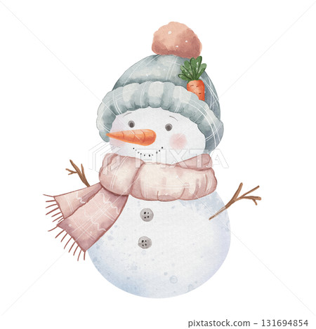 Cute snowman in pastel colors, wearing carrot hat and delicate scarf. Character for illustrating winter days, holidays and Christmas weekends. White background, isolated 131694854