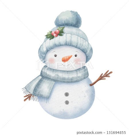 Watercolor snowman with rosy cheeks, wearing blue hat and scarf. Cute children character for illustrating Christmas and New Year celebrations. Cheerful winter days Watercolor snowman with rosy cheeks, wearing blue hat and scarf. Cute children character for illustrating Christmas and New Year celebrations. Cheerful winter days 131694855