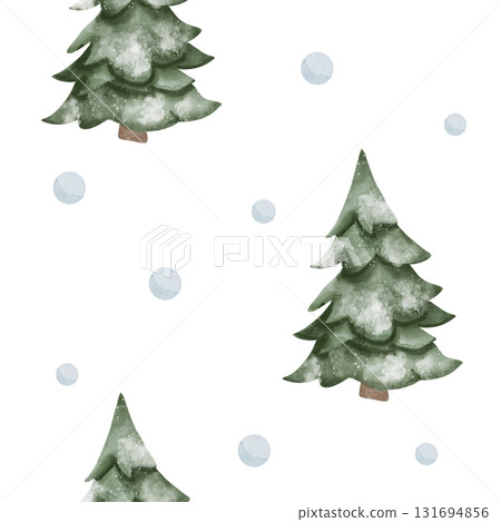 Seamless watercolor pattern with snow-covered Christmas trees and light blue snowballs on white background. Winter festive design for wrapping paper, fabric, or holiday decor Seamless watercolor pattern with snow-covered Christmas trees and light blue snowballs on white background. Winter festive design for wrapping paper, fabric, or holiday decor 131694856