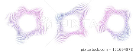 Sound equalizer icons with lines and dots, gradient neon circular sound wave frames, abstract radial music icons. 131694878