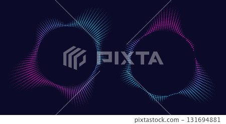 Sound equalizer icons with lines and dots, gradient neon circular sound wave frames, abstract radial music icons. Sound equalizer icons with lines and dots, gradient neon circular sound wave frames, abstract radial music icons. 131694881