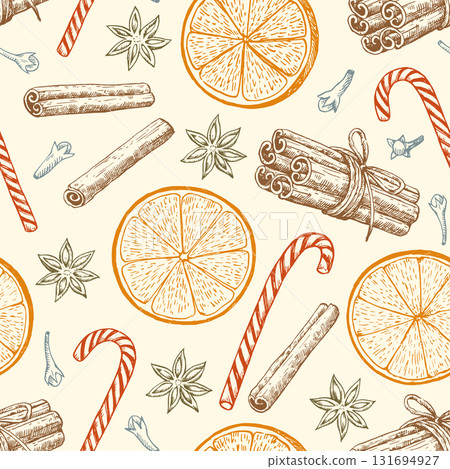 Christmas seamless pattern with orange slices and spices: cinnamon, cloves and star anise. Cozy winter print for holiday design and decor. Vector illustration. Christmas seamless pattern with orange slices and spices: cinnamon, cloves and star anise. Cozy winter print for holiday design and decor. Vector illustration. 131694927