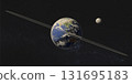 Conceptual illustration of Earth with a prominent ring system encircling the planet along its equatorial plane. 131695183