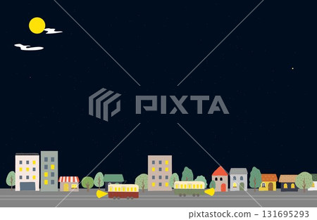 Illustration of a night cityscape and tram / Starry sky background material 131695293