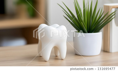 White tooth model on a wooden table next to a small plant in a pot 131695477