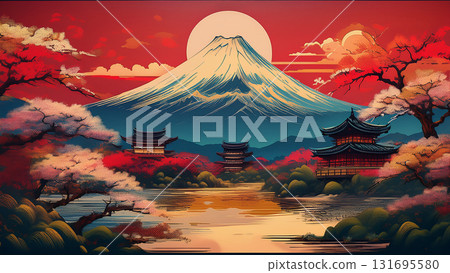 Ukiyo-e style illustration of Mount Fuji seen from the coast Ukiyo-e style illustration of Mount Fuji seen from the coast 131695580