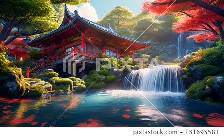Illustration of a fictional waterfall and Japanese-style houses 131695581