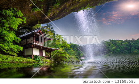 Illustration of a fictional waterfall and Japanese-style houses Illustration of a fictional waterfall and Japanese-style houses 131695583