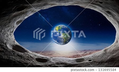 Illustration of the Earth as seen from a cave on the moon 131695584