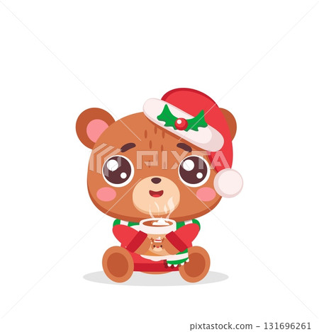 Christmas bear with cocoa mug in Santa hat Christmas bear with cocoa mug in Santa hat 131696261