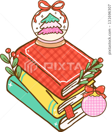Gingham Preppy Christmas Bookish Reading, Festive Book Stack with Christmas Ornaments Hand Drawn Gingham Preppy Christmas Bookish Reading, Festive Book Stack with Christmas Ornaments Hand Drawn 131696307