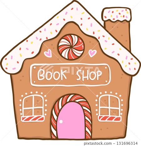 Gingham Preppy Christmas Bookish Reading, Gingerbread Book Shop Illustration Hand Drawn 131696314