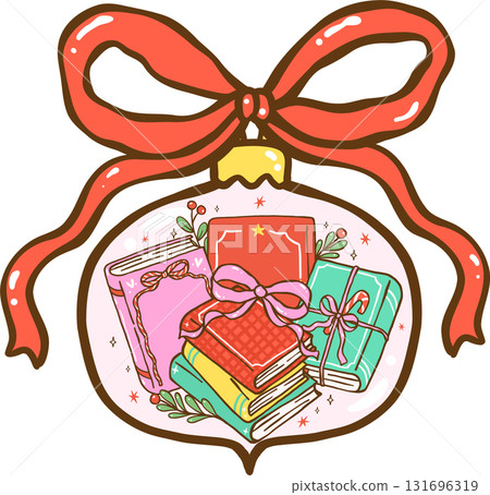 Gingham Preppy Christmas Bookish Reading, Christmas Ornament with Stack of Books Illustration Cartoon Hand Drawn 131696319