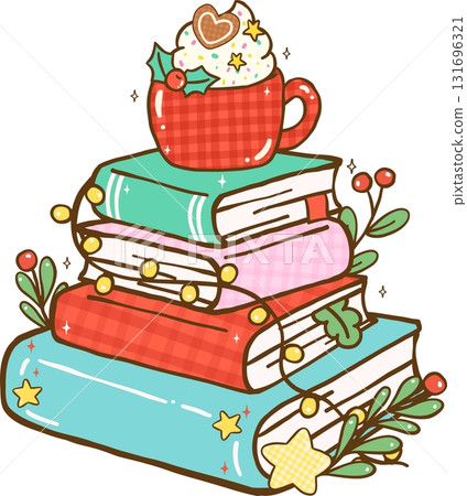 Gingham Preppy Cozy Christmas Bookish Reading, Festive Hot Drink on Stack Books Illustration Cartoon Hand Drawn 131696321