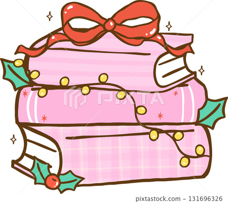 Gingham Preppy Christmas Bookish Reading, Stack of Books with Christmas Decoration Illustration Cartoon Hand Drawn 131696326