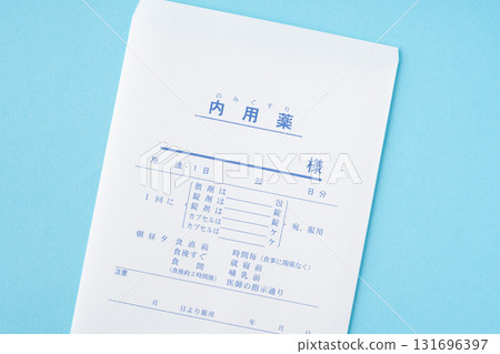 Close-up of an oral medication bag on a light blue background 131696397