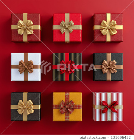 Colorful Christmas gift boxes arranged symmetrically on a festive red background for the holiday celebration 131696432