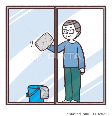 Illustration of a senior man cleaning windows 131696482